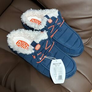 Hey Dude Blue Slippers with Orange Details